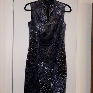 Elegant Black and Blue Velvet Floral Dress